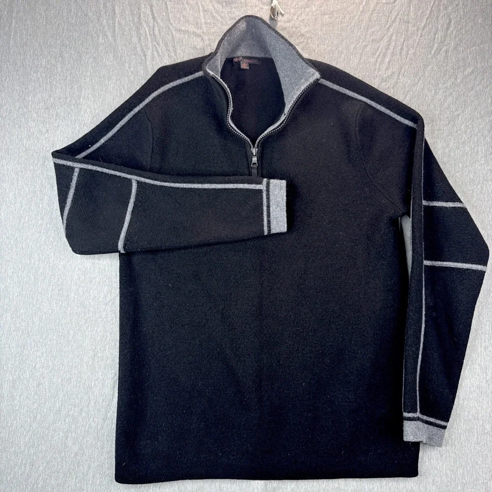 Banana Republic Mens Large Merino Wool Quarter Zip Sweater Black Preppy coastal
